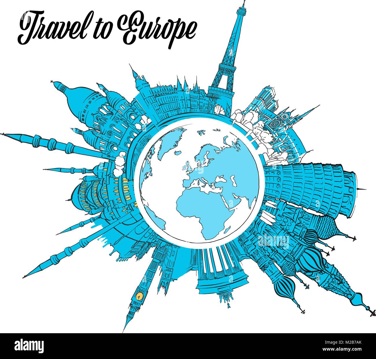 Viaggiare in Europa i punti di riferimento sul globo terrestre. Disegnato a mano illustrazione di contorno per il progetto di stampa e travel marketing Illustrazione Vettoriale