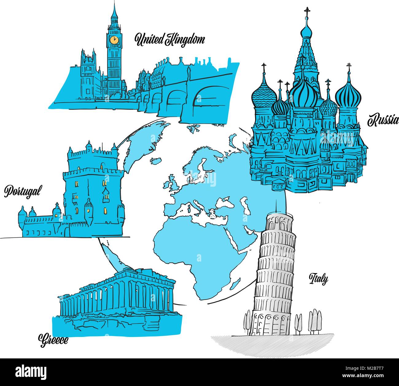 Viaggiare in Europa i punti di riferimento sul globo terrestre. disegnati a mano illustrazione di contorno per il progetto di stampa e travel marketing Illustrazione Vettoriale