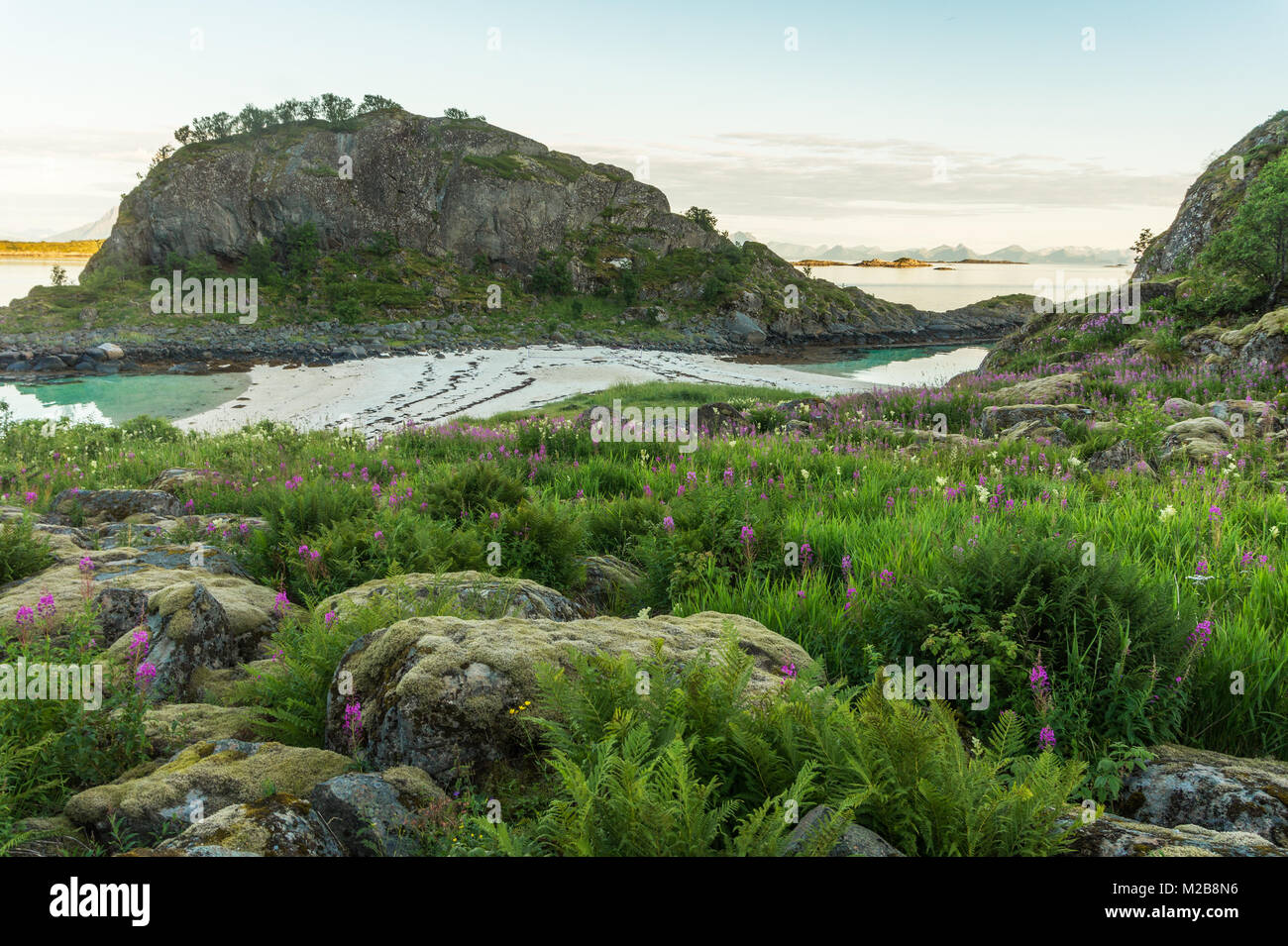 Spiaggia rocciosa e da una spiaggia di sabbia, Lofoten, Norvegia, Trollskarholmen isolotto Arstein Foto Stock