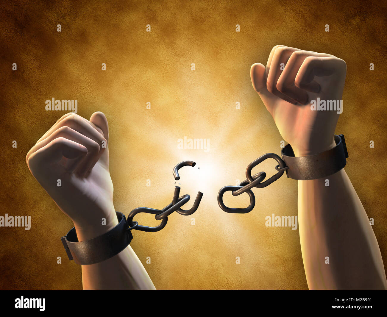 Il recupero di libertà: un uomo la rottura di una catena. Illustrazione Digitale. Foto Stock