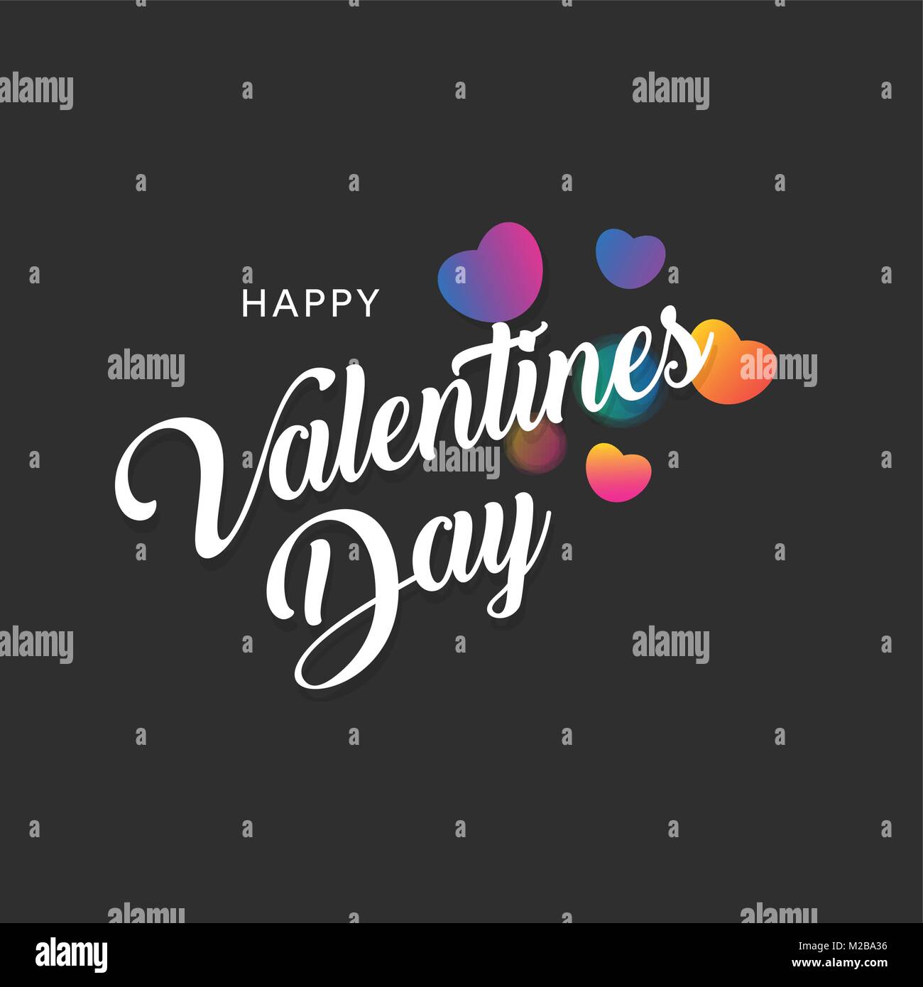 Felice il giorno di San Valentino, greting banner con cuori colorati su sfondo nero, illustrazione vettoriale. Illustrazione Vettoriale