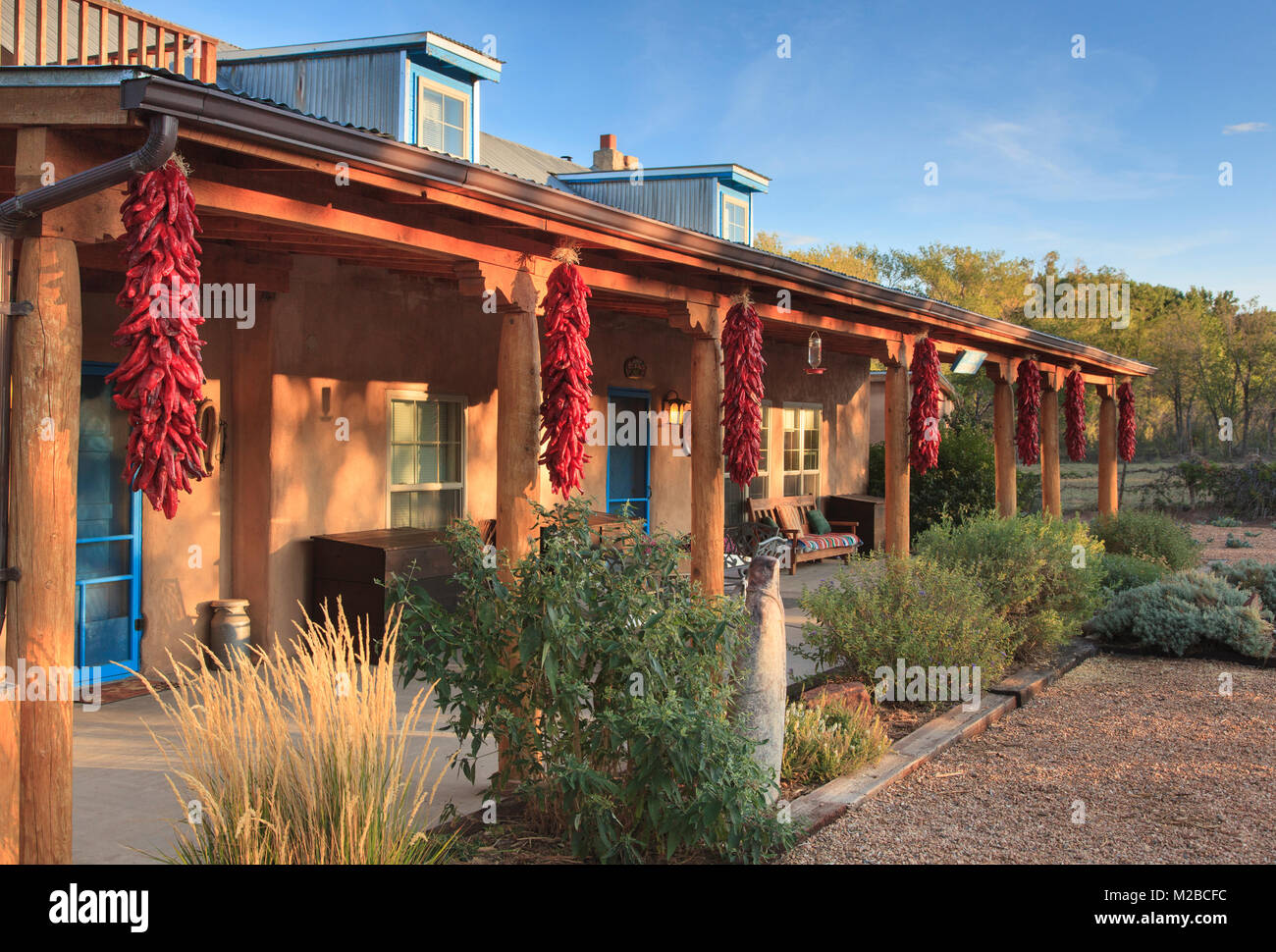 Peperoncino essiccato o peperoni Ristras,Casa Escondida,Chimayo,New Mexico Foto Stock