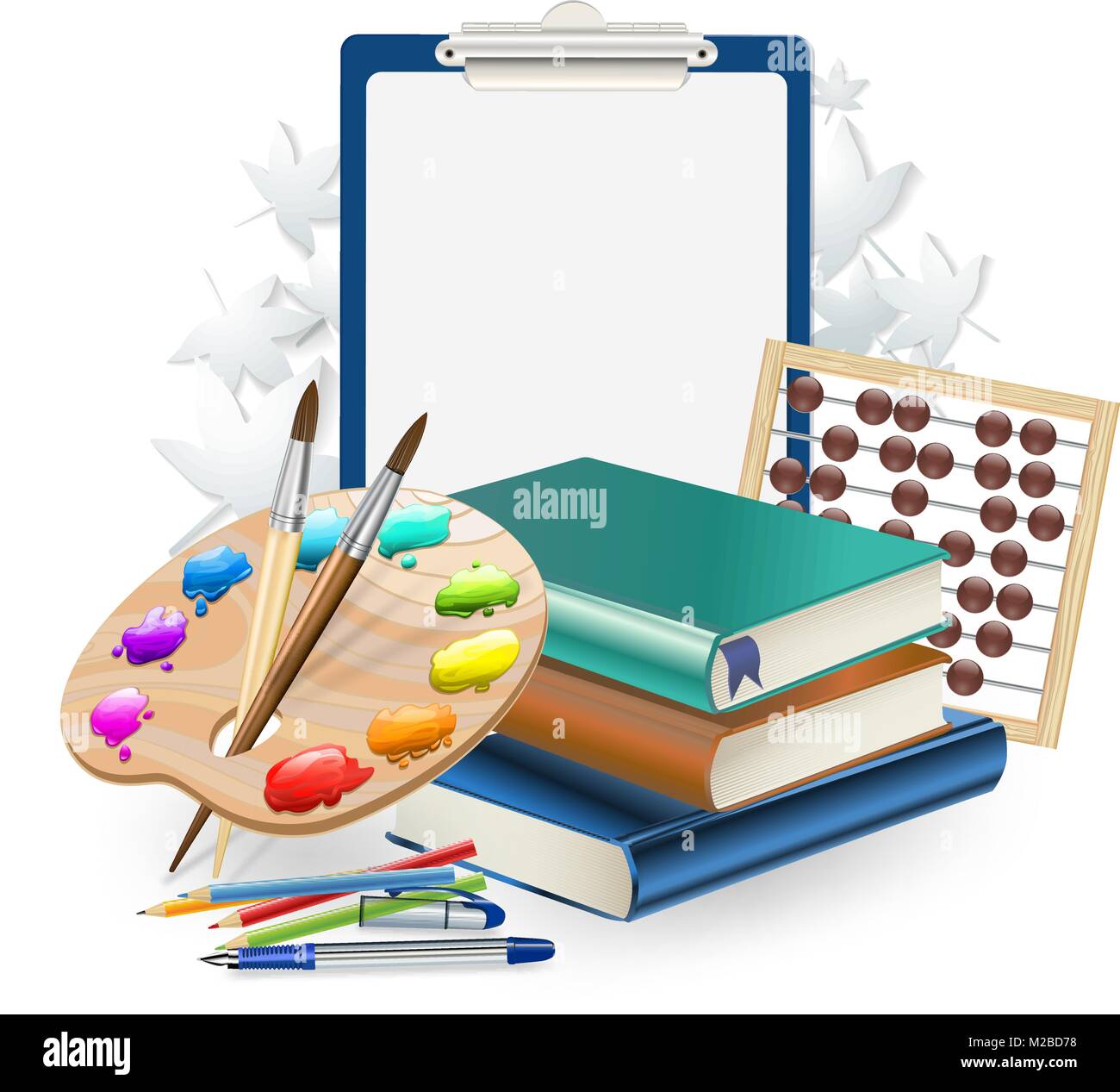 Scuola di composizione di elementi di sfondo con i pennelli e la tavolozza di arte Illustrazione Vettoriale