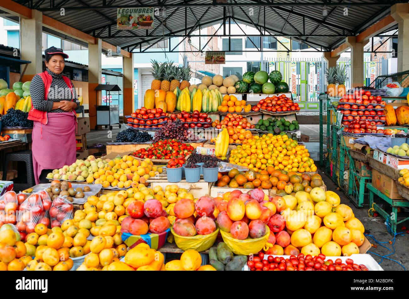Ambato, Ecuador, Dicembre 20, 2017: donna ecuadoriana fruttivendola di fronte a lei visualizza di frutti tropicali in un mercato Foto Stock