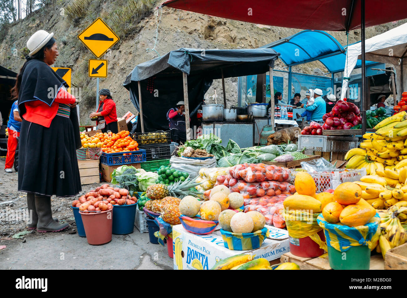 Ambato, Ecuador, Dicembre 20, 2017: tradizionalmente vestiti donna ecuadoriana di ispezionare i frutti tropicali in un mercato Foto Stock