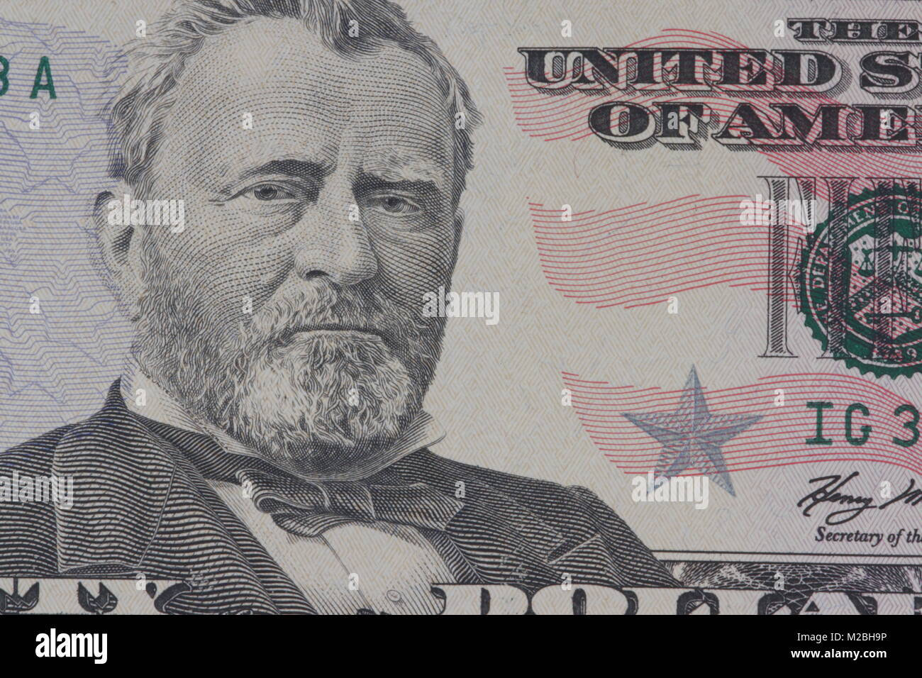 Ritratto del presidente americano di concedere sulle fatture del dollaro close-up Foto Stock