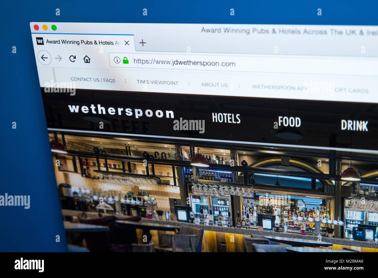 LONDON, Regno Unito - 10 GENNAIO 2018: la homepage del sito web ufficiale di J D WETHERSPOON - Pub Company nel Regno Unito e nella Repubblica d' Irlanda, sul decimo Foto Stock