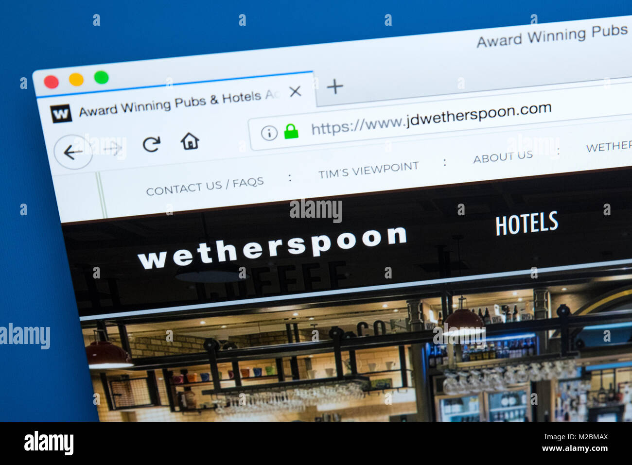 LONDON, Regno Unito - 10 GENNAIO 2018: la homepage del sito web ufficiale di J D WETHERSPOON - Pub Company nel Regno Unito e nella Repubblica d' Irlanda, sul decimo Foto Stock