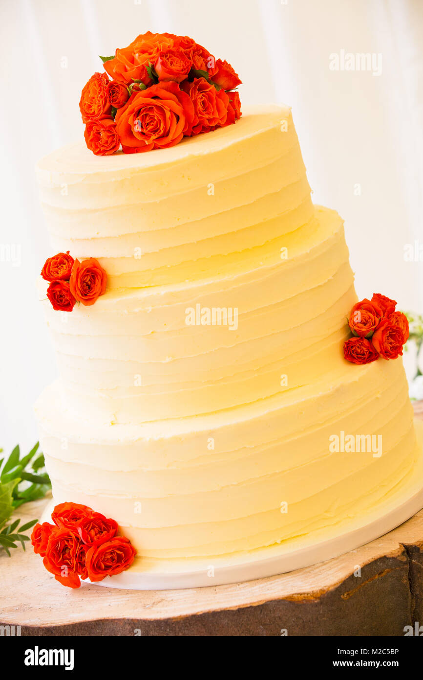 Rose arancione sulla parte superiore dei tre livelli di celebrazione torta Foto Stock