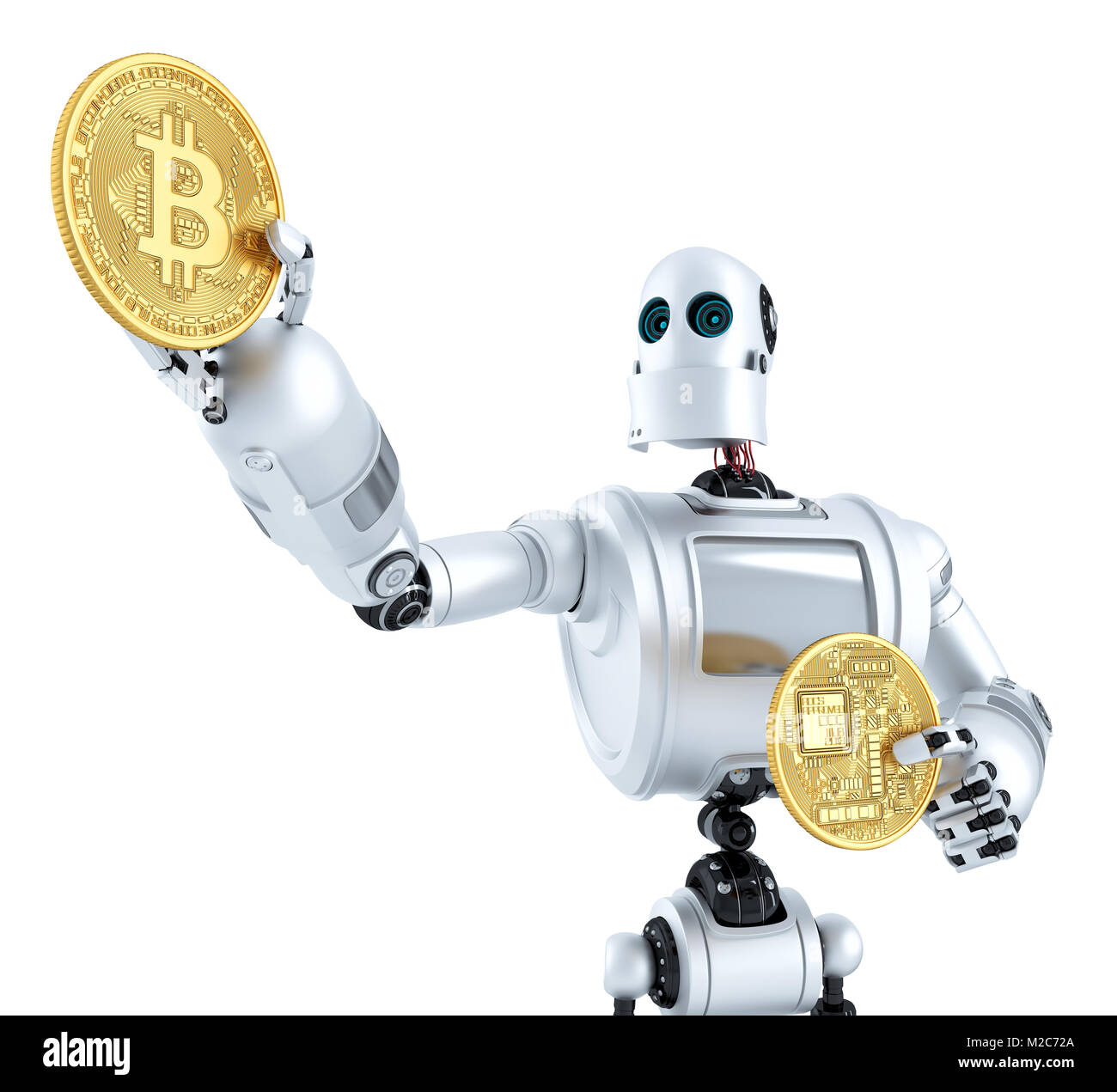 Golden bitcoin coin che brillano nel robot mano. 3D'illustrazione. Isolato. Contiene il percorso di clipping. Foto Stock