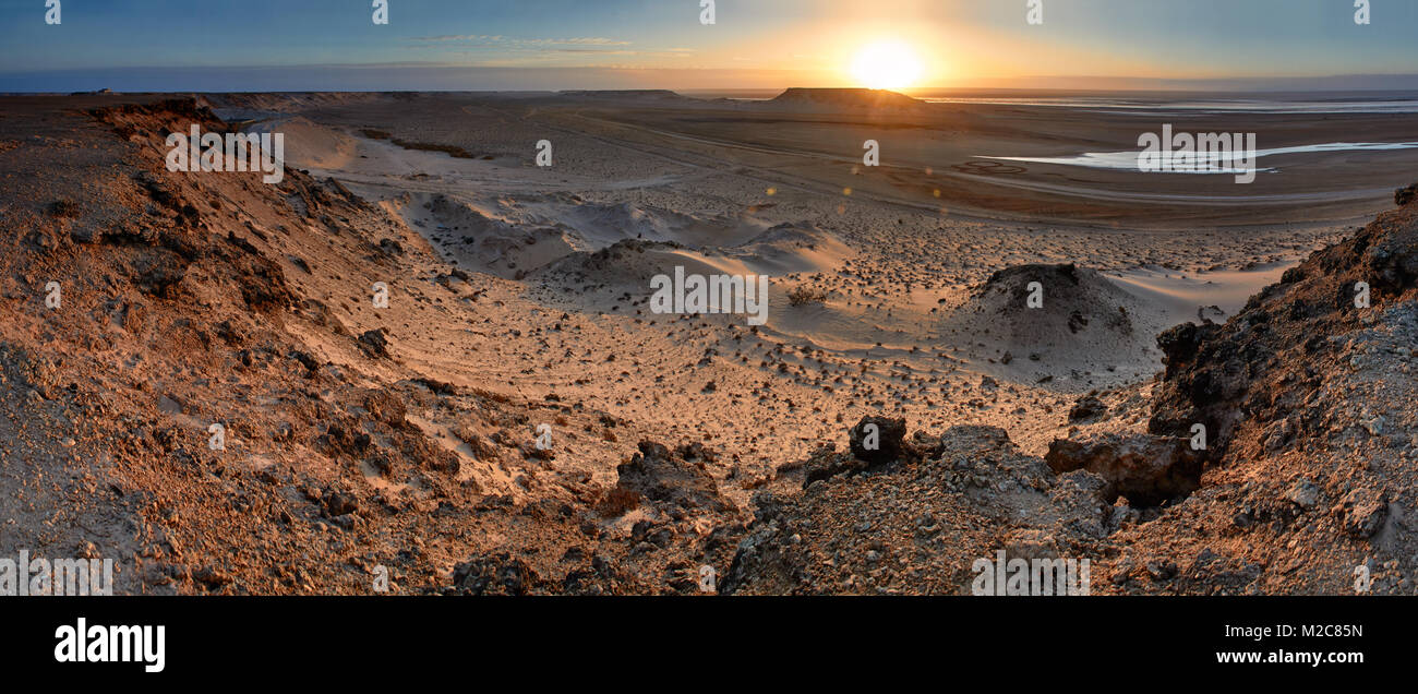 Sunrise nel Sahara Occidentale, panorama Foto Stock