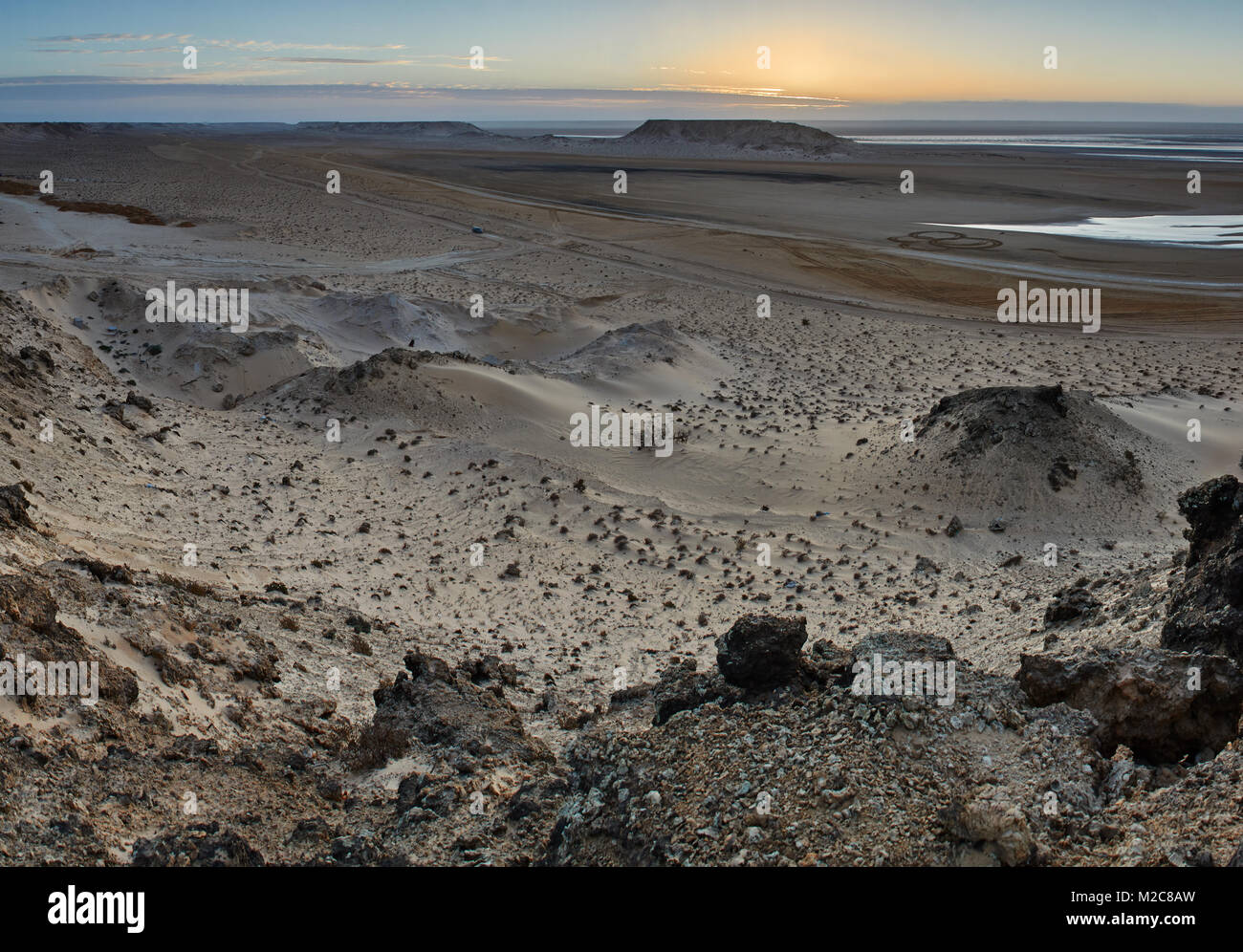 Sunrise nel Sahara Occidentale, panorama Foto Stock