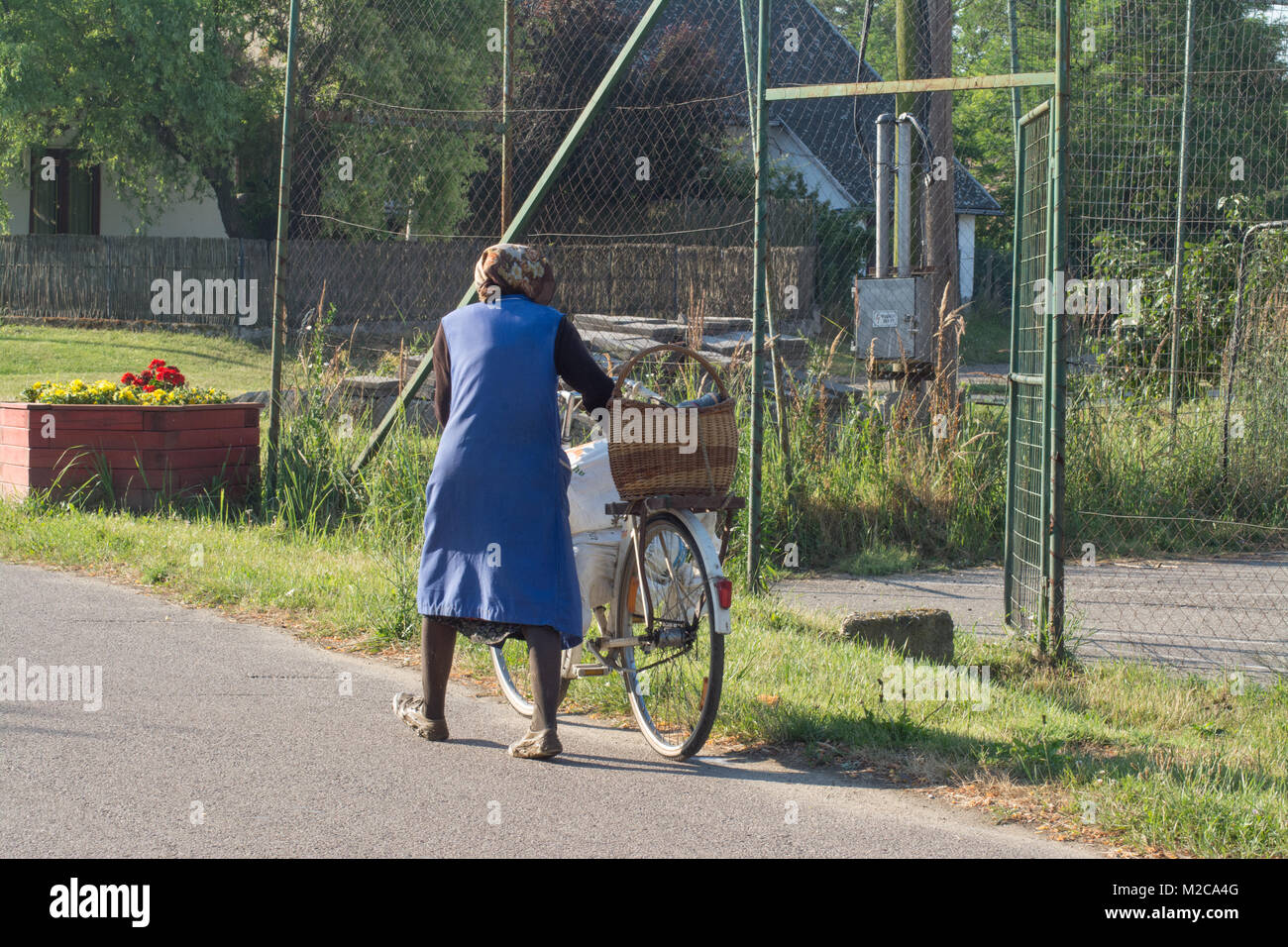 Donna anziana spingendo una bicicletta laden con lo shopping attraverso un villaggio in Ungheria Foto Stock