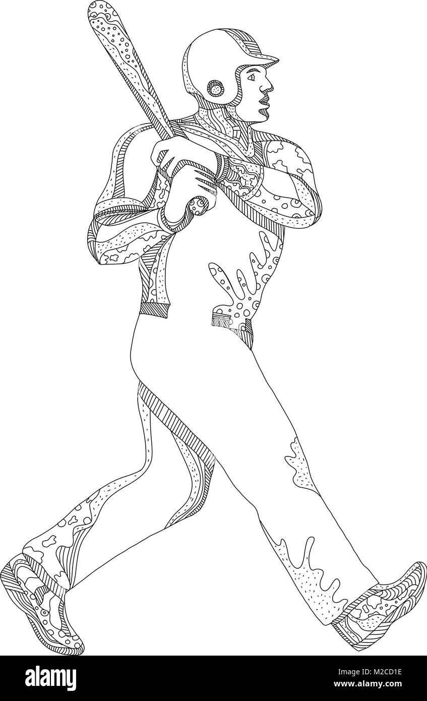 Doodle arte illustrazione di un giocatore di baseball batting con bat visto dal lato su sfondo isolato fatto in bianco e nero. Illustrazione Vettoriale