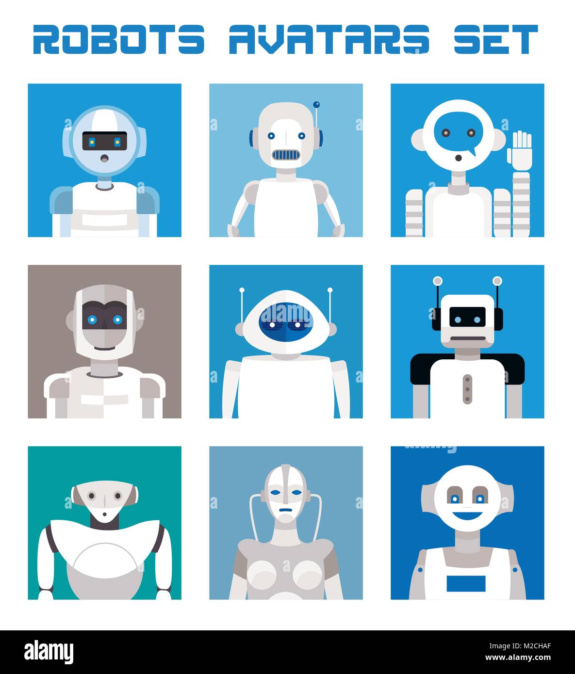Variegata serie di robot volti e teste per utilizzati come caratteri di avatar. Fantasiose e cordiale colorata collezione di felice andorids per dare un nuovo un Illustrazione Vettoriale