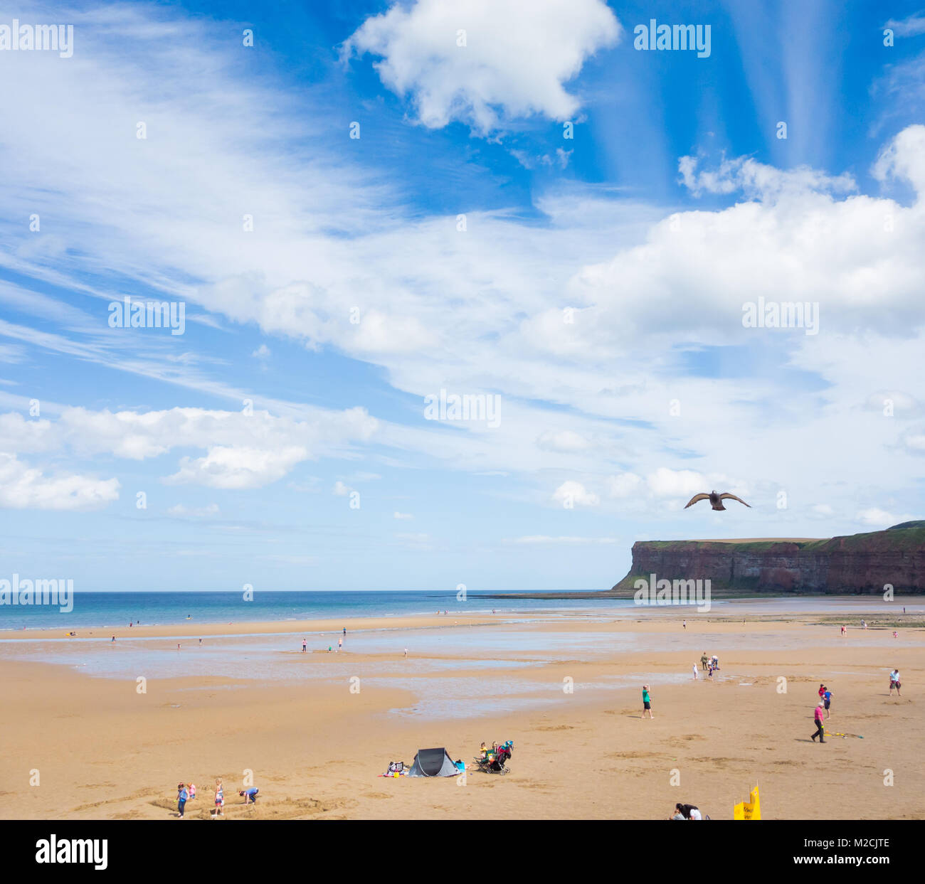 Vista sulla spiaggia di Saltburn in estate. Saltburn dal mare, North Yorkshire, Inghilterra, Regno Unito Foto Stock