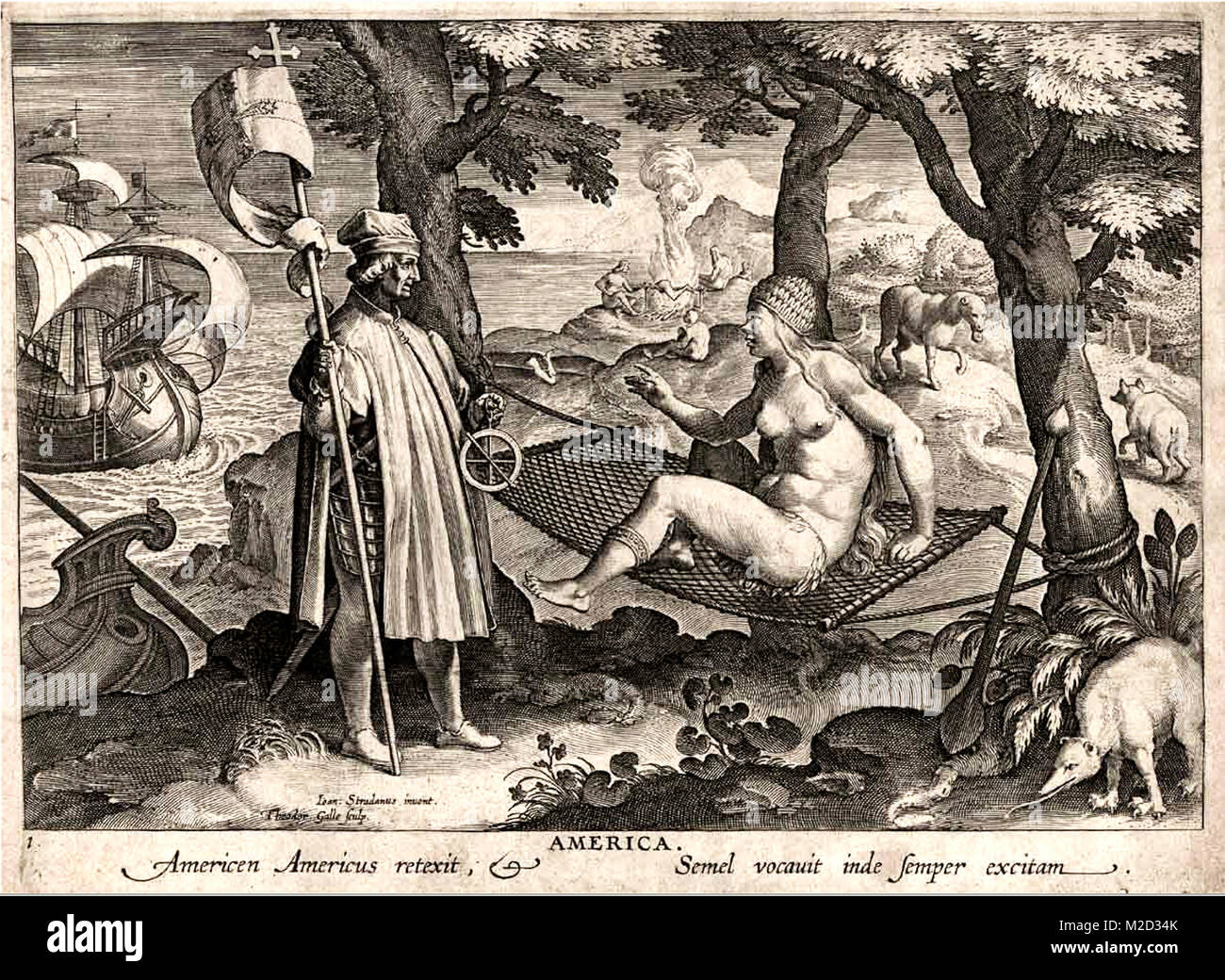 Vespucci si risveglia "America" in una incisione Stradanus (circa 1638) Amerigo Vespucci (1454 - 1512) Italiano Explorer navigatore e cartografo Foto Stock