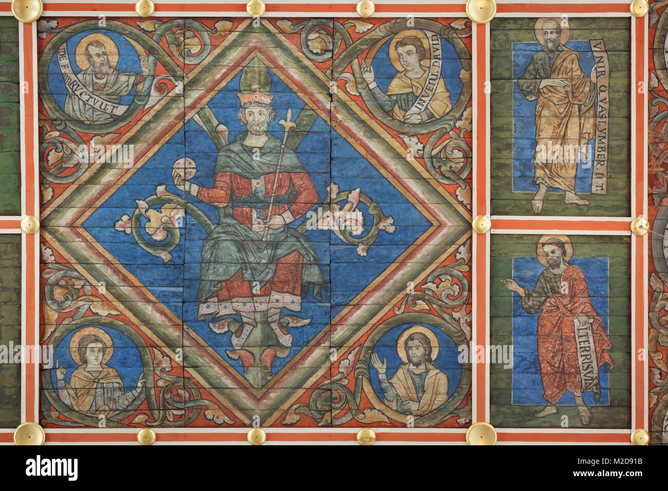 Il re Davide. Dettaglio dell'albero di Jesse raffigurato nel soffitto in legno da ca. 1230 in San Michele (chiesa Michaeliskirche) a Hildesheim in Bassa Sassonia, Germania. Foto Stock