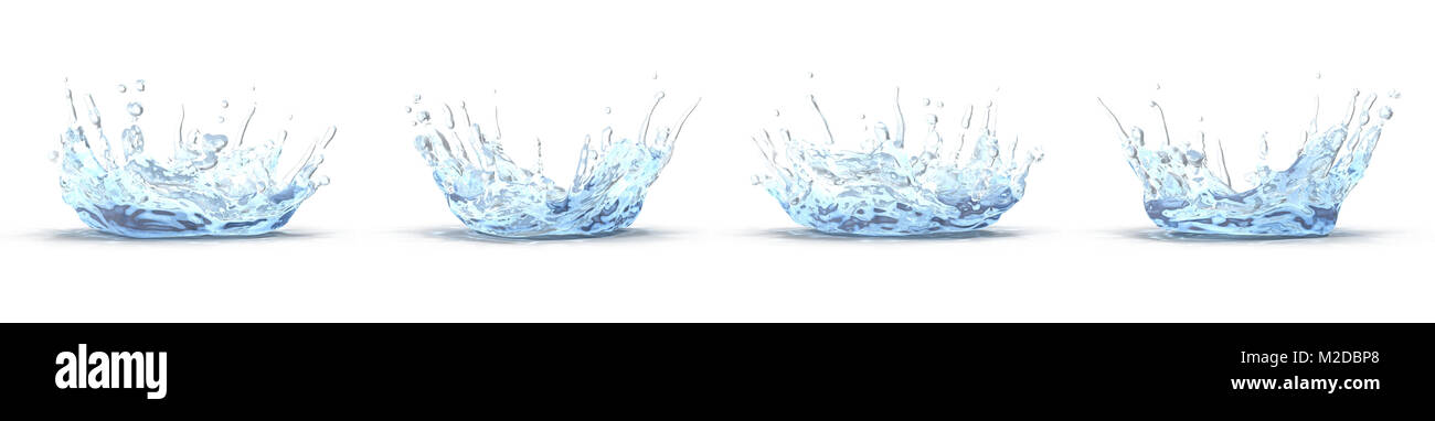 Spruzzi di acqua con ripple rende impostato da angolazioni diverse su un bianco. 3D illustrazione Foto Stock