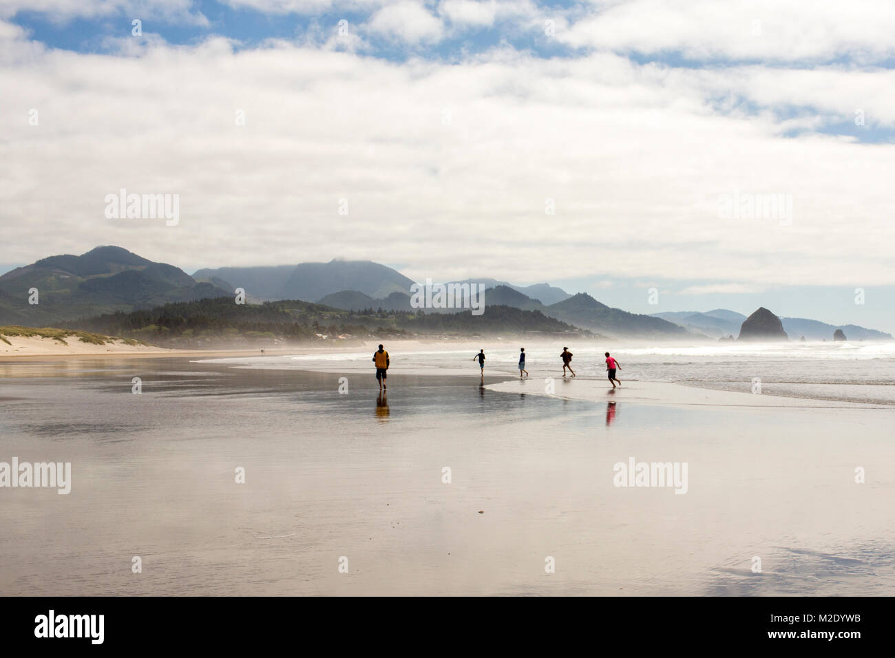 Persone lontane in esecuzione sulla spiaggia Foto Stock