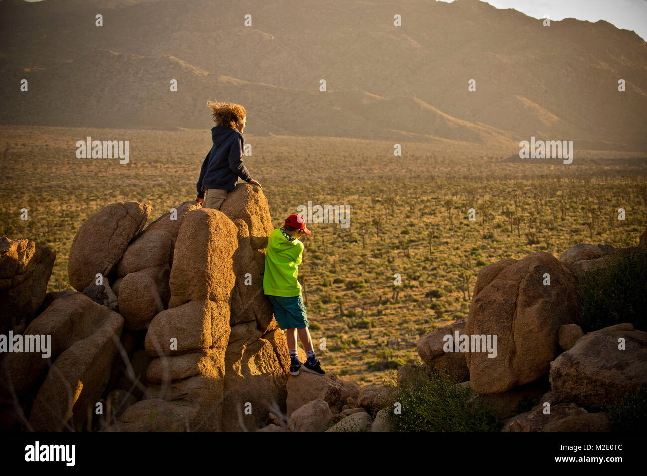 Ragazzi in piedi sulle rocce ammirando il paesaggio del deserto Foto Stock