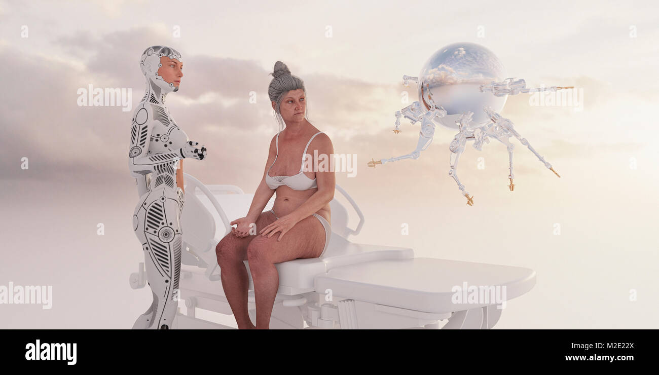 Robot e android esaminando donna Foto Stock