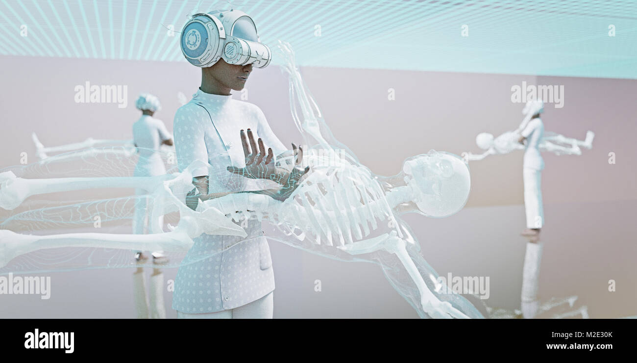 I medici che indossa la realtà virtuale occhiali esaminando lo scheletro Foto Stock