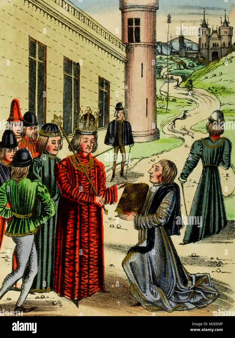 Sir John Froissart presentando il suo libro di poesie d'amore a Richard il secondo Foto Stock