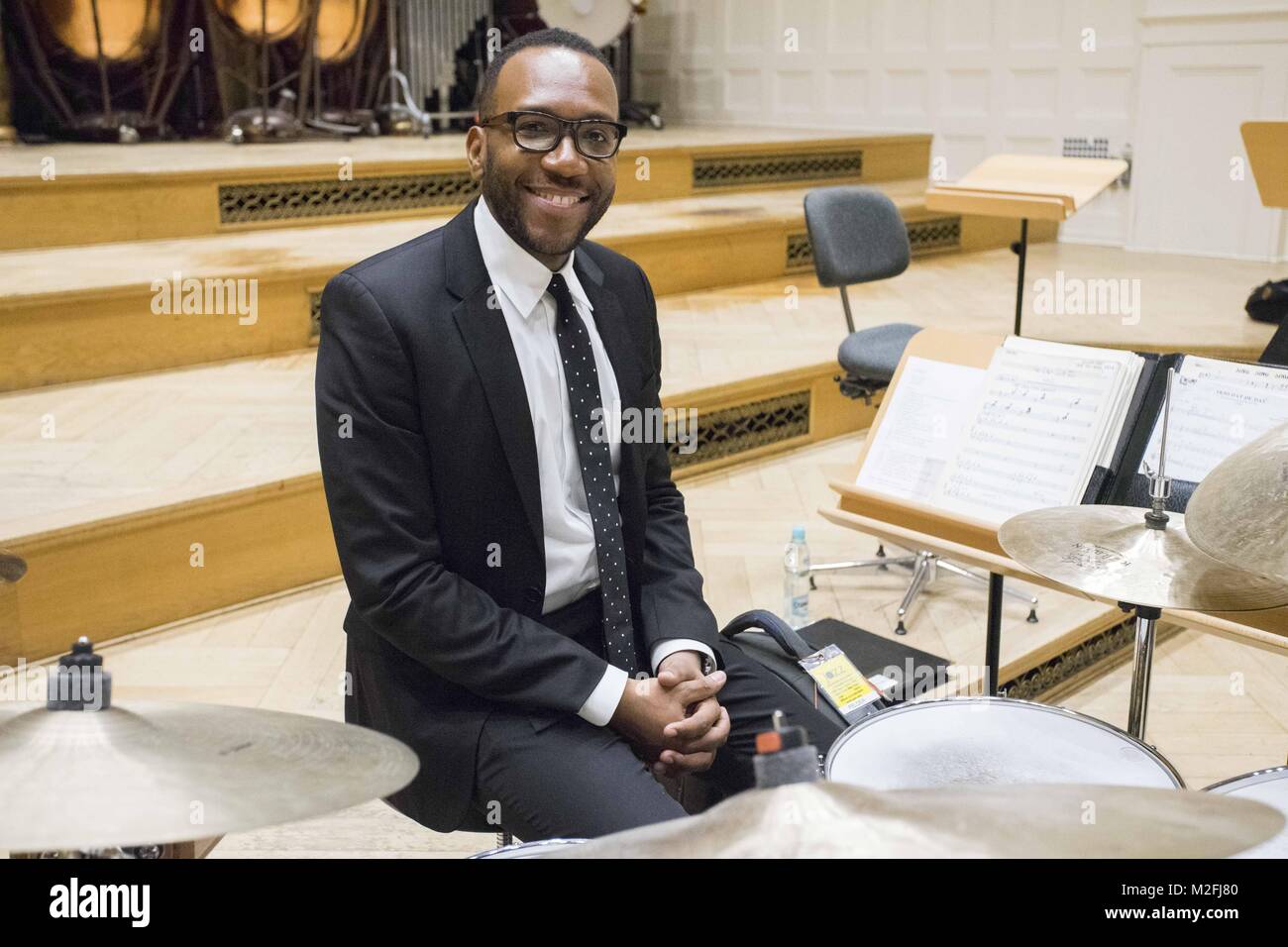 Poznan, Wielkopolska, Polonia. 7 febbraio, 2018. Febbraio 7, 2018 - Poznan, Polonia - Il concerto di Wynton Marsalis, Jazz al Lincoln Center Orchestra e Amadeus Chamber Orchestra della Radio Polacca condotto da Anna Duczmal-Mroz. Credito: Dawid Tatarkiewicz/ZUMA filo/Alamy Live News Foto Stock