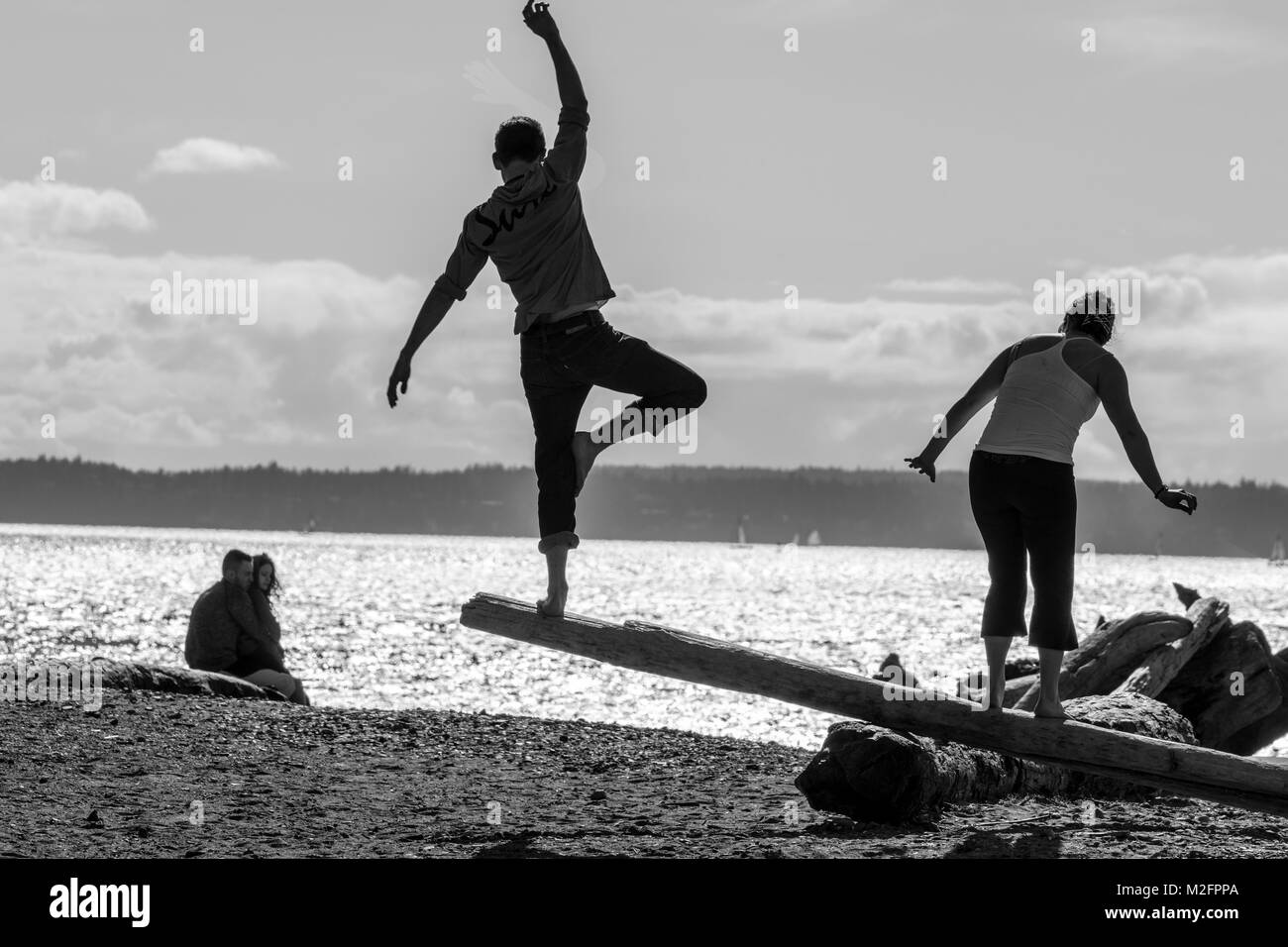 Stati Uniti, Washington, Seattle, matura in equilibrio su un log in Carkeek Park. Puget Sound in background Foto Stock