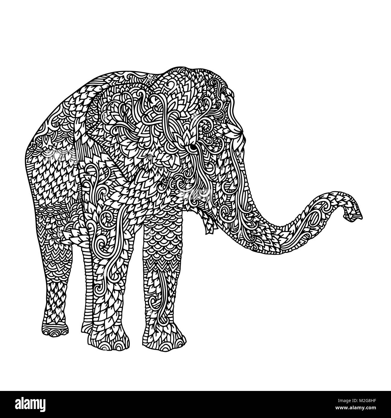 Elefante in stile asiatico. Mandala pattern per adulto libro da colorare. Il vettore in bianco e nero illustrazione. Illustrazione Vettoriale