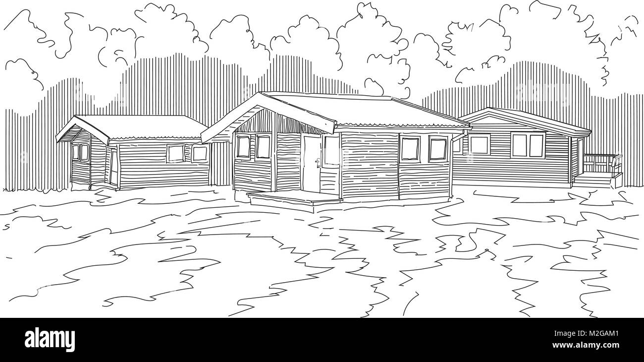 Case al di fuori della citta'. Campeggio in una radura della foresta . Riposo e viaggio per abitante urbano. Illustrazione Vettoriale