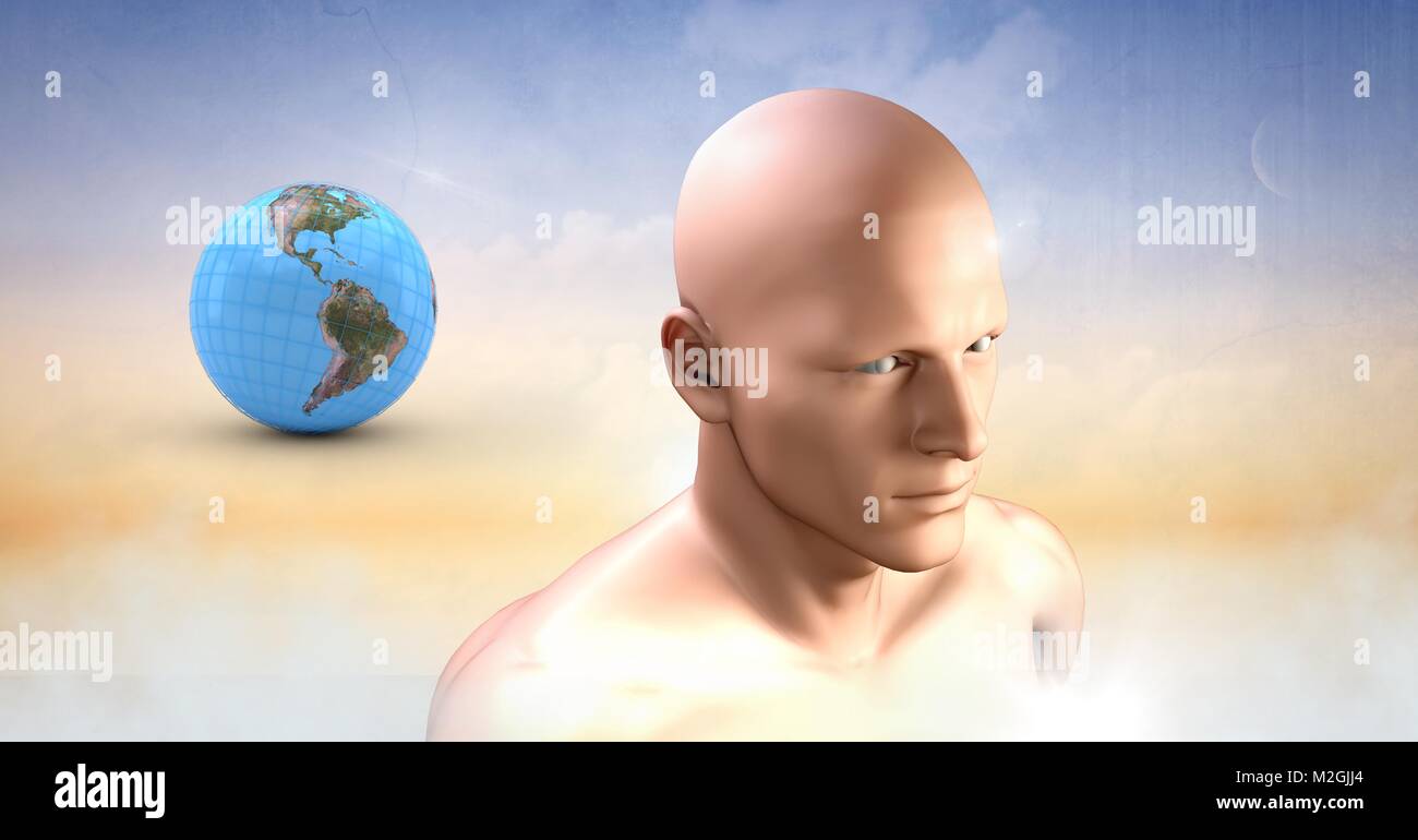 Testa di uomo e del pianeta terra mondo sfera in nuvole Foto Stock