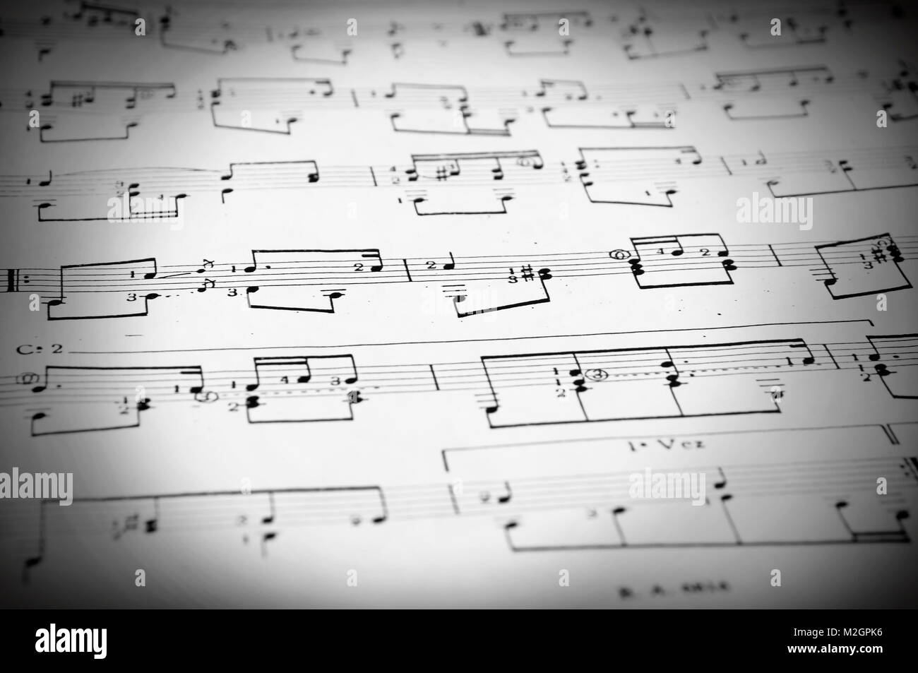 Righi musicali con cinque linee orizzontali e note diverse. Foto Stock