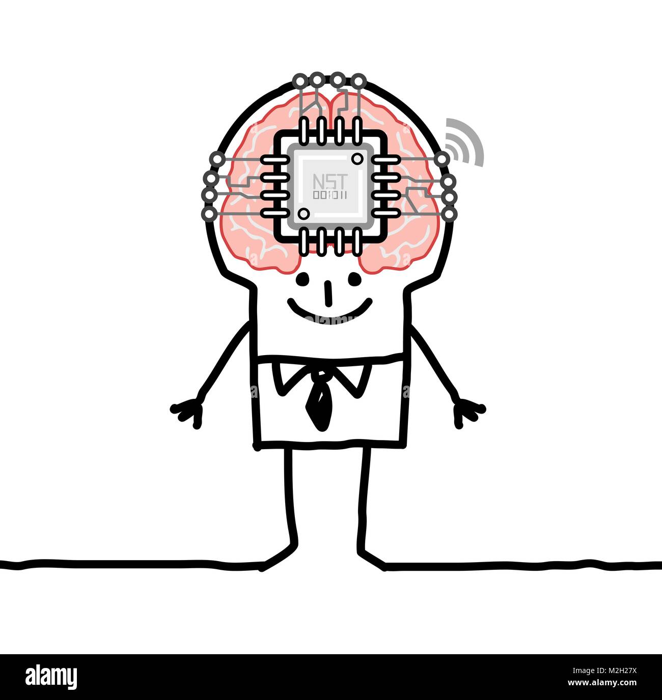Cartoon Uomo con Big Brain e Microchip Illustrazione Vettoriale