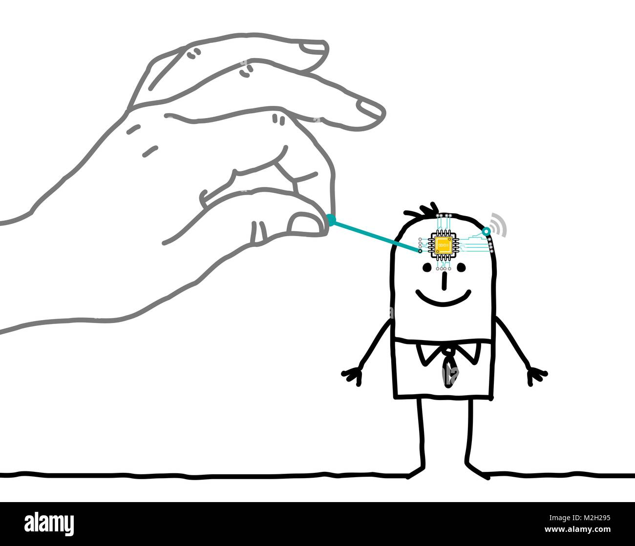 Grossa mano mettendo un microchip in un cartone animato uomo la testa Illustrazione Vettoriale