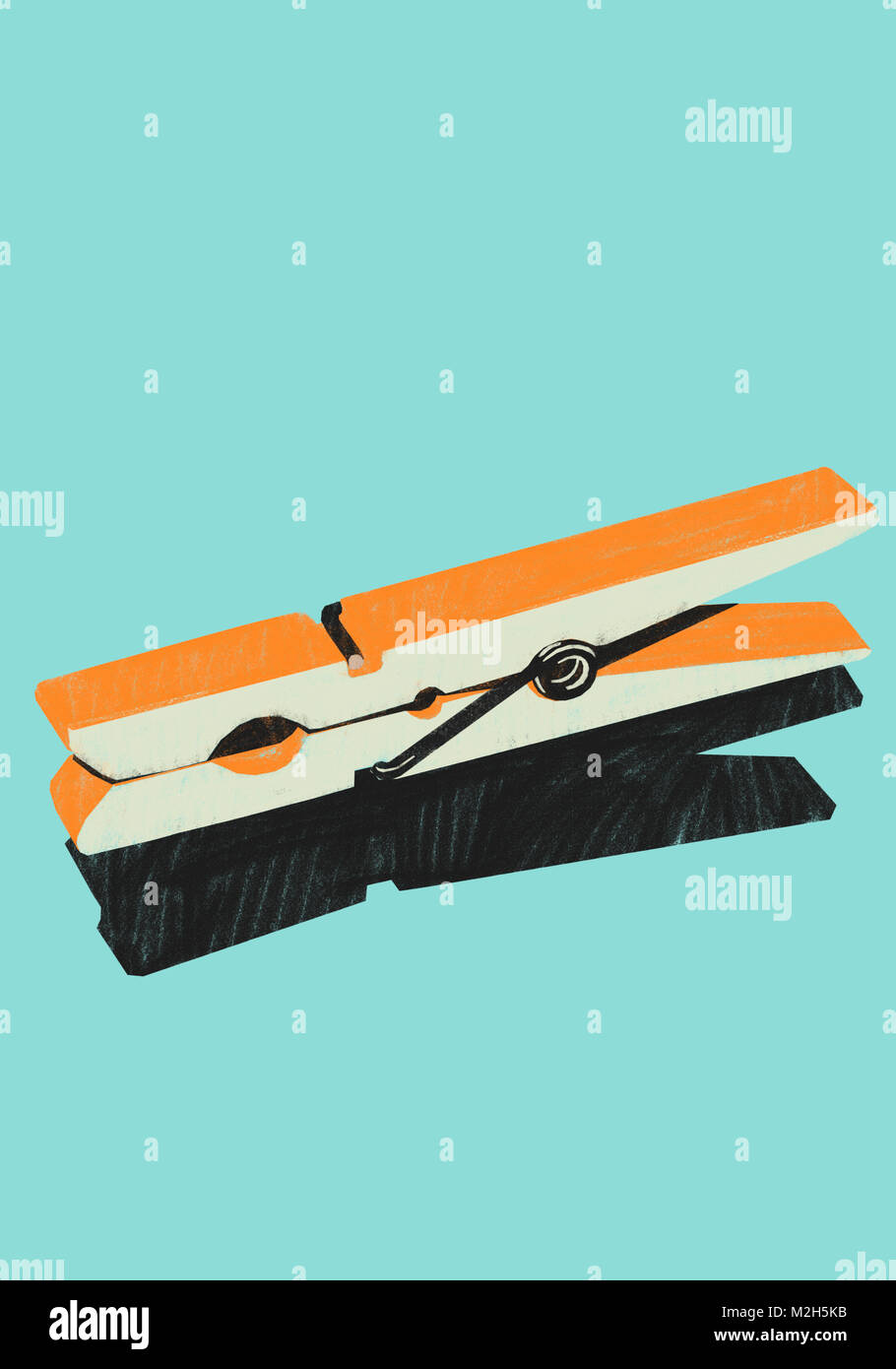 Oggetto Clothespin illustrazione su sfondo blu. Risorsa grafica mostra arancione oggetto quotidiano , clothespin, su sfondo blu. Minimalista. Foto Stock