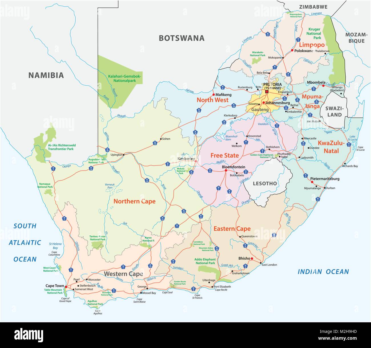 Sud Africa road, politica e amministrativa di mappa vettoriale Illustrazione Vettoriale