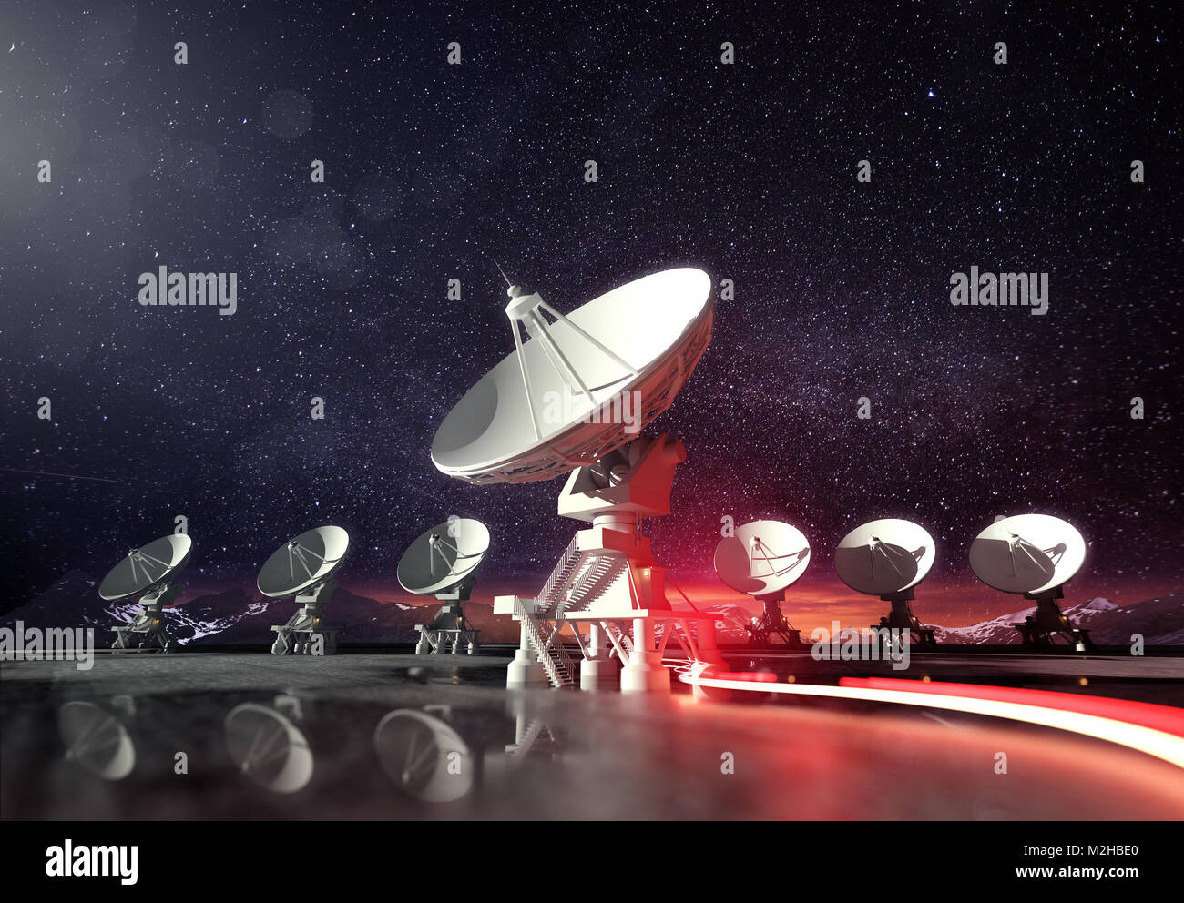 Un gruppo di radio telescopi di notte incandescente sotto la luce della luna. Sfondo di astronomia. 3D'illustrazione. Foto Stock