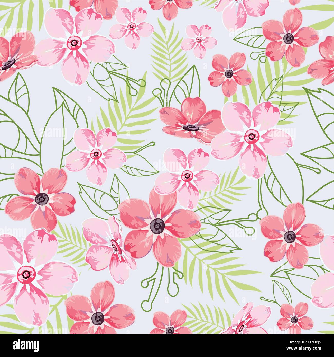 Seamless motivo floreale, sfondo azzurro con fiori di colore rosa e foglie verdi per i prodotti tessili, i tessuti di cotone, copertine, carta da parati, stampa g Illustrazione Vettoriale