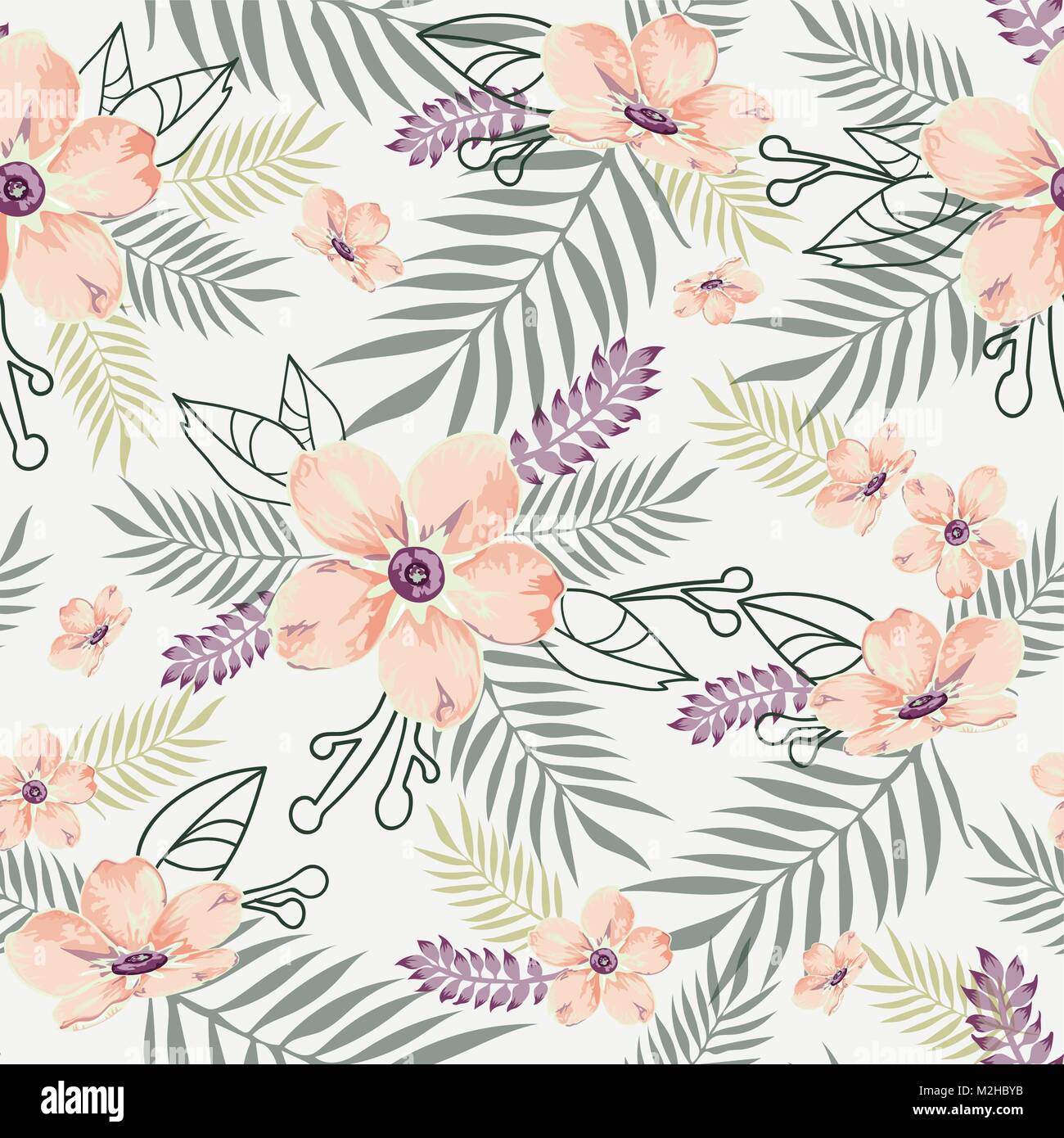 Seamless motivo floreale, sfondo in gesso bianco con fiori di pesco, verde erba e foglie di colore viola per i prodotti tessili, tessuti, copertine, carta da parati, stampa Illustrazione Vettoriale