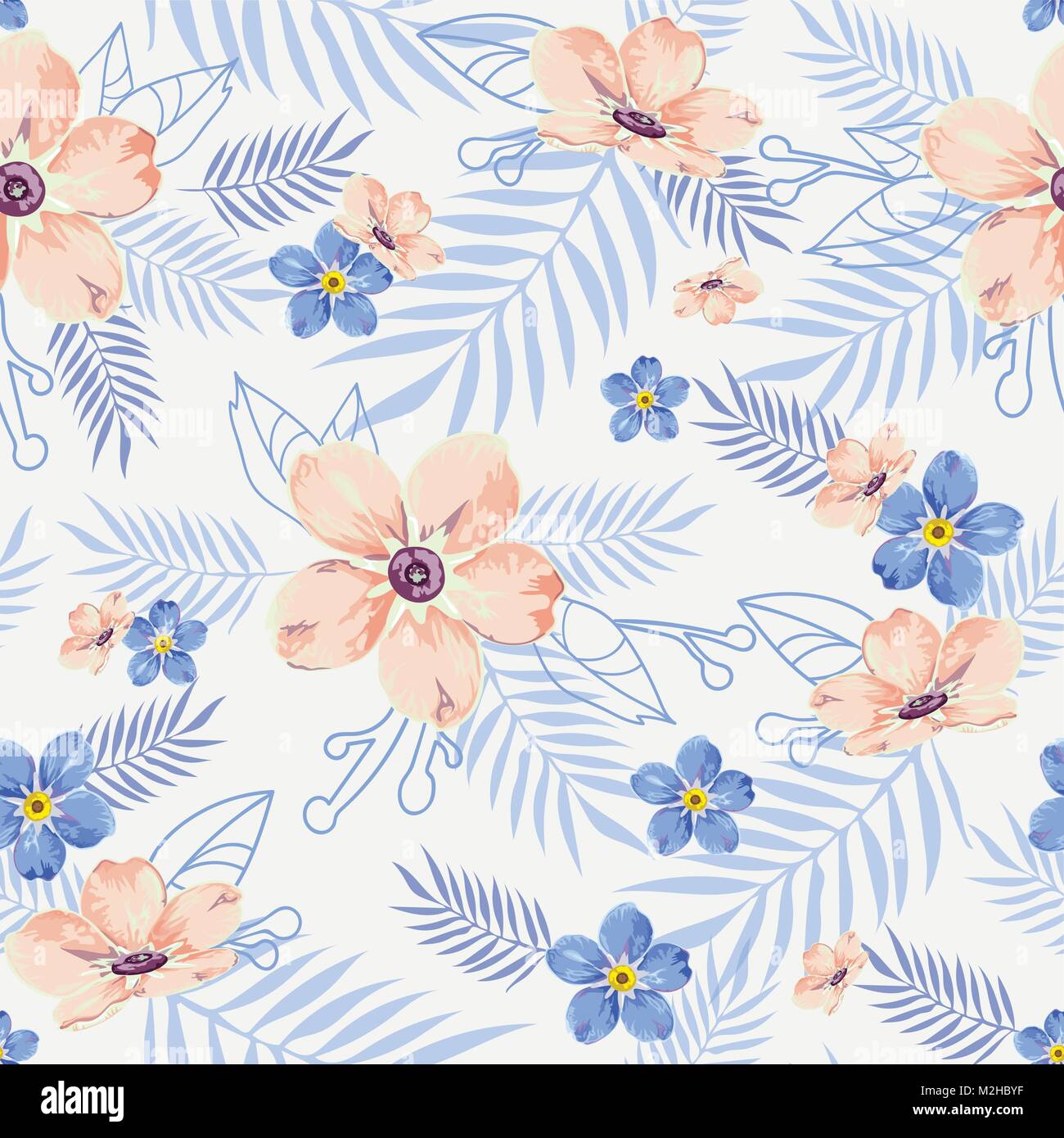 Seamless motivo floreale, sfondo in gesso bianco con pesche e fiori di colore blu per i prodotti tessili, i tessuti di cotone, copertine, carta da parati, stampa dono wr Illustrazione Vettoriale