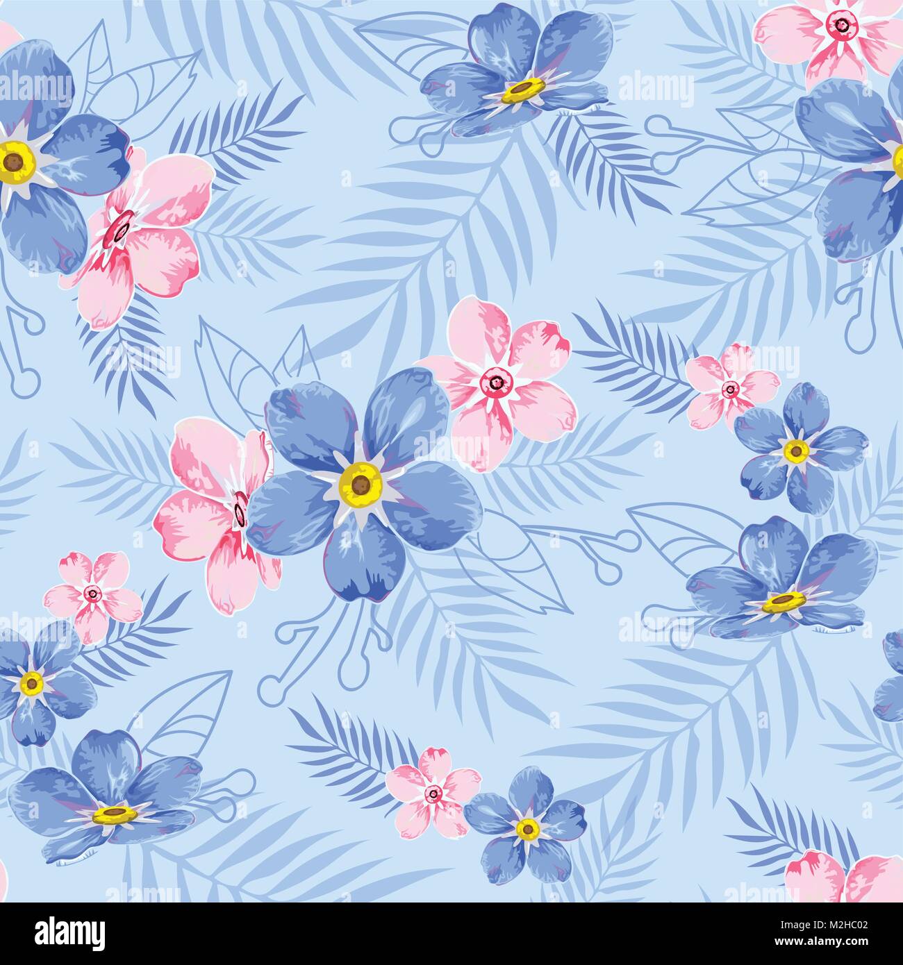 Seamless motivo floreale, sfondo in blu con blu e fiori di colore rosa e blu levaves per prodotti tessili, tessuti di cotone, copertine, carta da parati, stampa Illustrazione Vettoriale