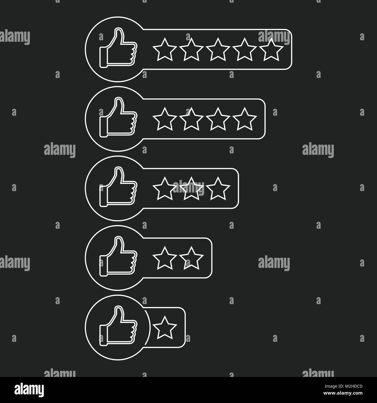 Recensione dei clienti e la relativa icona. Pollice in alto con stelle illustrazione vettoriale. Illustrazione Vettoriale