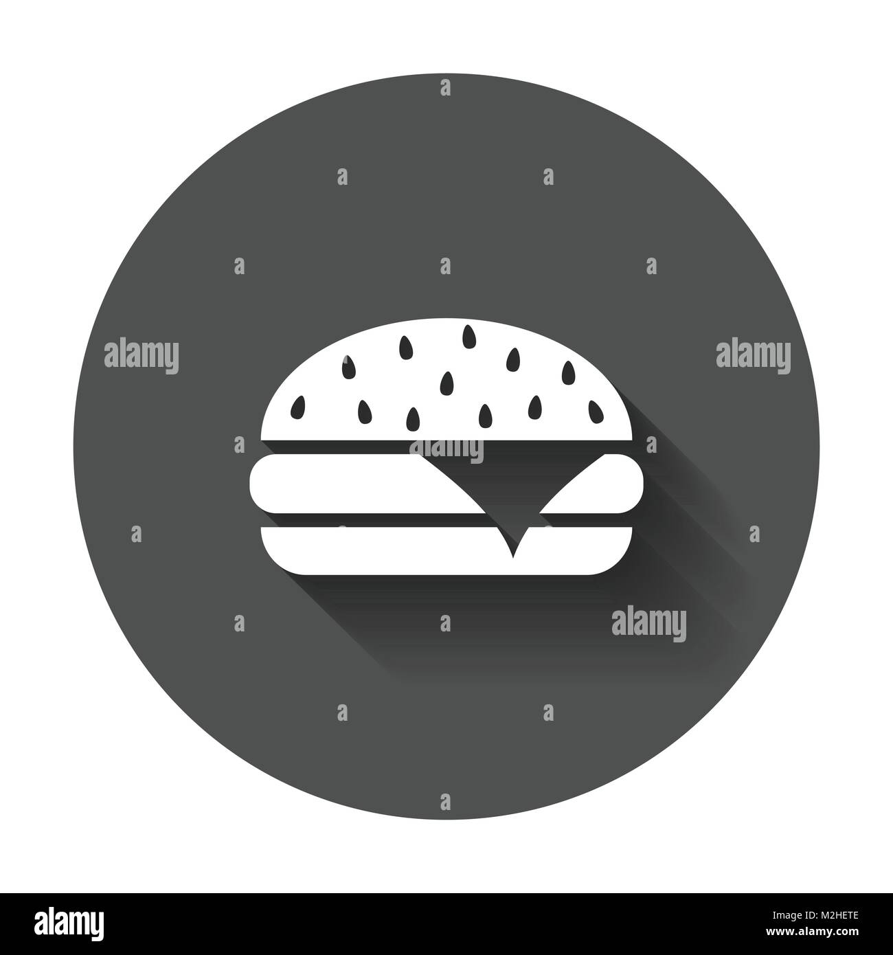 Burger fast food piatto icona vettore. Hamburger logo symbol illustrazione sul tondo nero lo sfondo con lunga ombra. Illustrazione Vettoriale