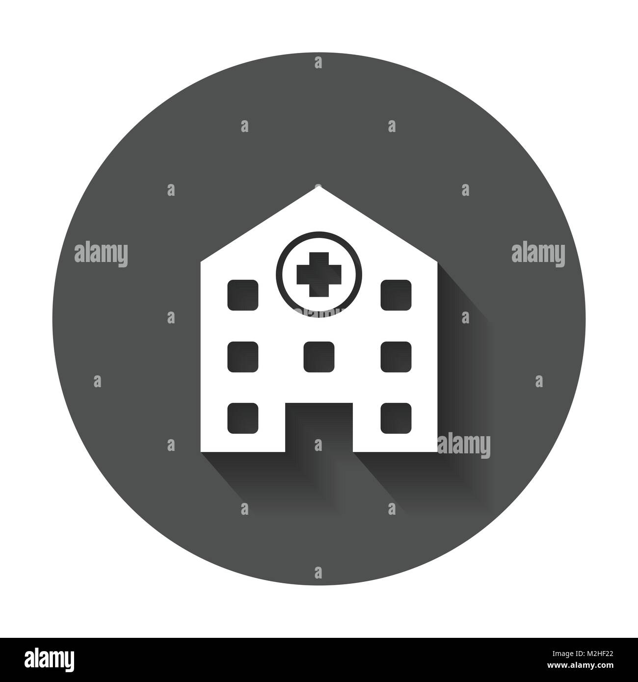 Ospedale icona vettore. Infermeria clinica medica segno illustrazione sul tondo nero lo sfondo con lunga ombra. Illustrazione Vettoriale