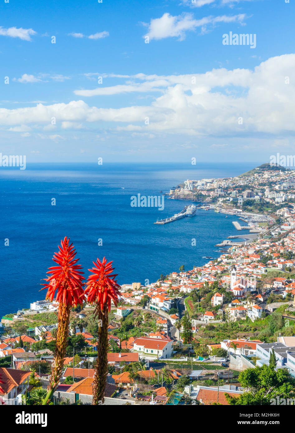 Madeira Portogallo Madeira vista di Funchal, la capitale di Madeira guardando attraverso il porto baia del porto e della città vecchia di Funchal Madeira Portogallo Europa Foto Stock