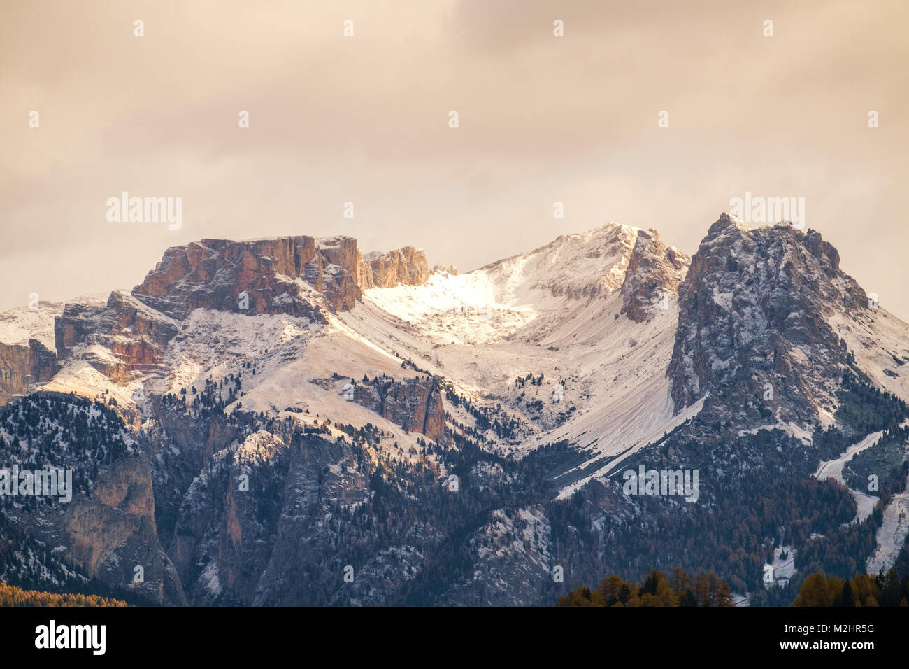 Alpe di Siusi con il Gruppo del Sasso Lungo dopo l'alba, Alto Adige, Italia Foto Stock