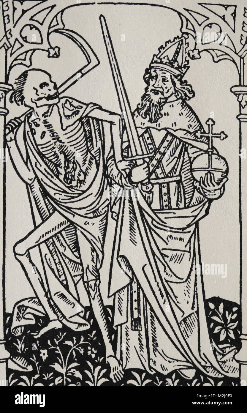 Danza di morte. La morte e l'imperatore. Stampato da Antoine Verard, Francia, del XV secolo. Foto Stock