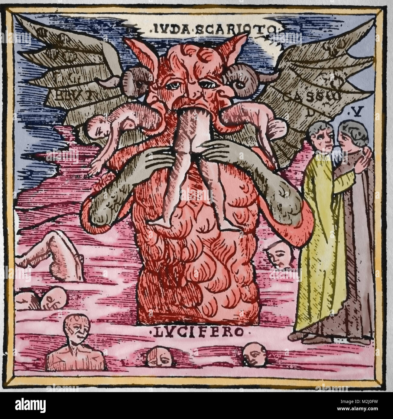Lucifero mangiare Giuda Iscariota. Opere di Dante. Stampato da Bernardino Stagnino, Italia, XVI secolo, 1512. Foto Stock